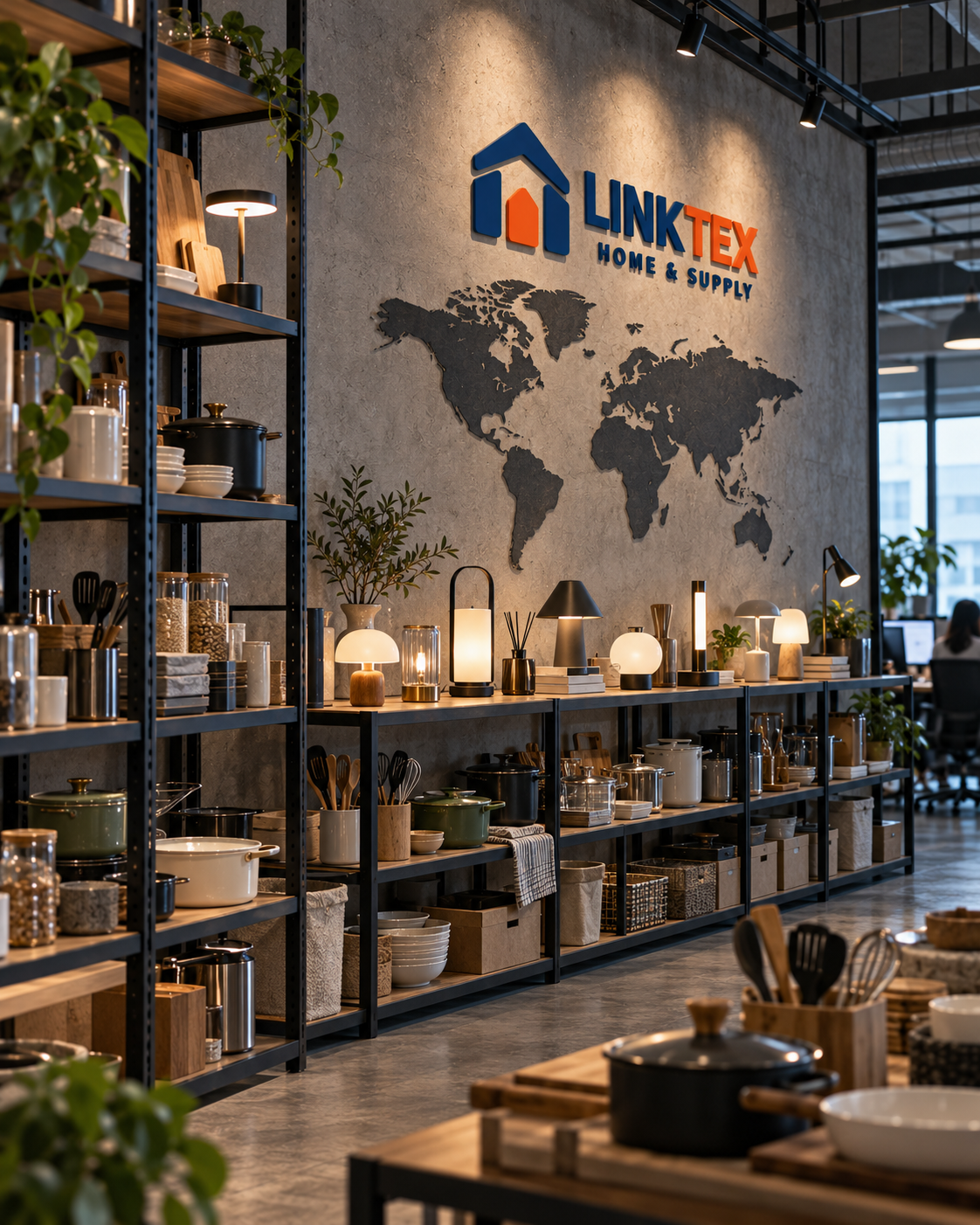 LINKTEX loft office concept with workstations, world map and illuminated branding